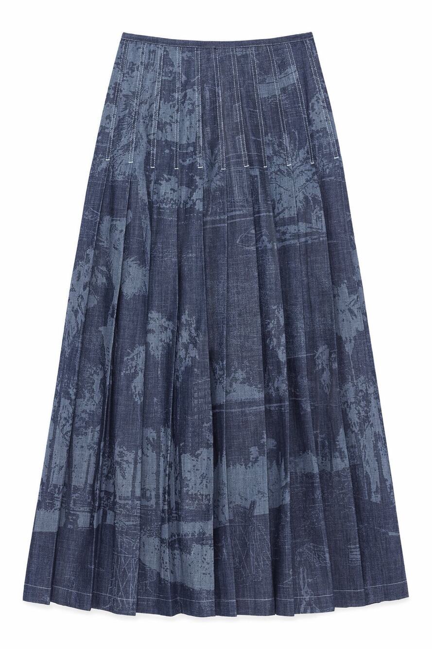 Lafayette 148 New York Landscape Print Pleated Denim Midi Skirt Size 4 NWOT $798